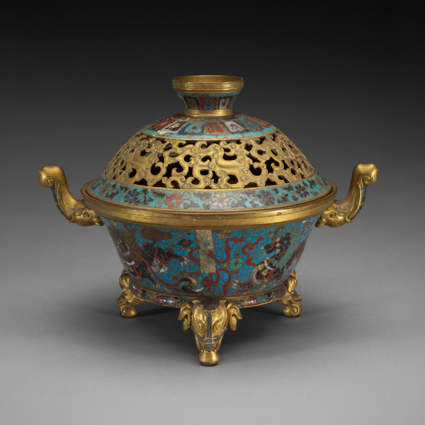 Incense burner with lions playing with a ball and a Jingtai reign mark