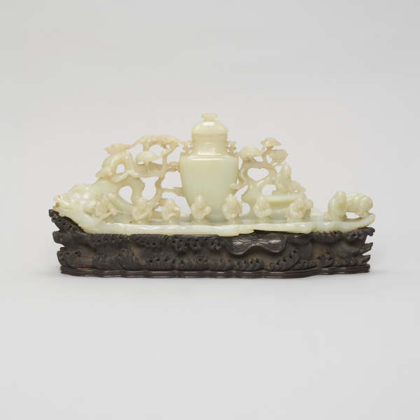 Covered vase with figures on a boat