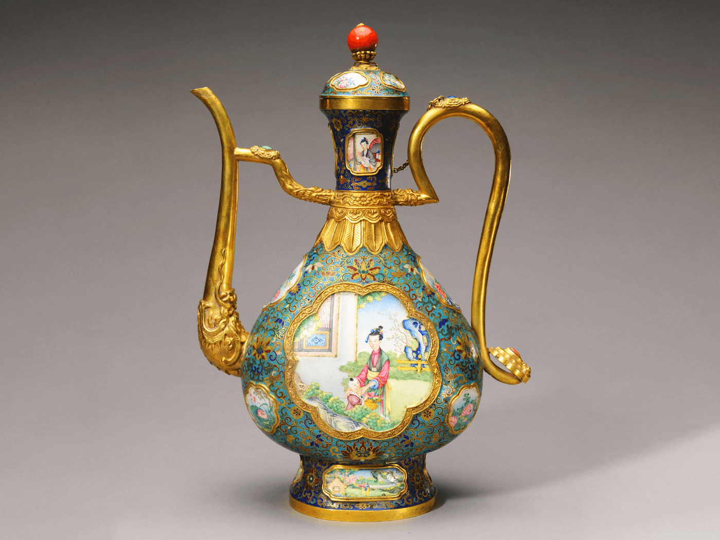 Ewer with figures and flowers in a cartouche