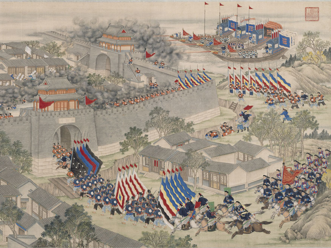 “The Capture of Chengjiang Prefecture in Yunnan and the Recapture of Jiangna City with Rammed Earth Walls” from the Album of the Suppression of Yunnan and Guizhou Regions