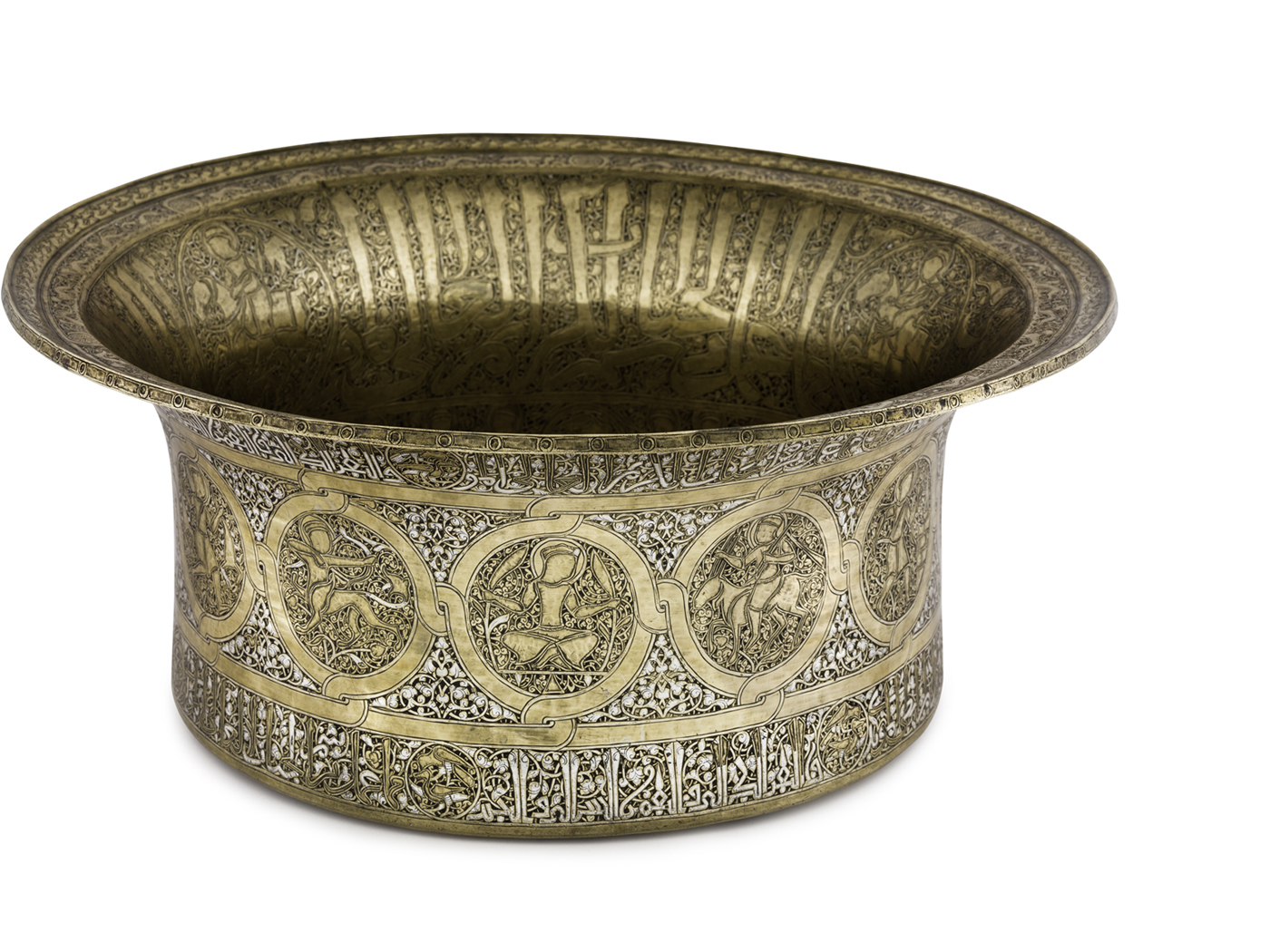 Silver- and gold-inlaid brass basin