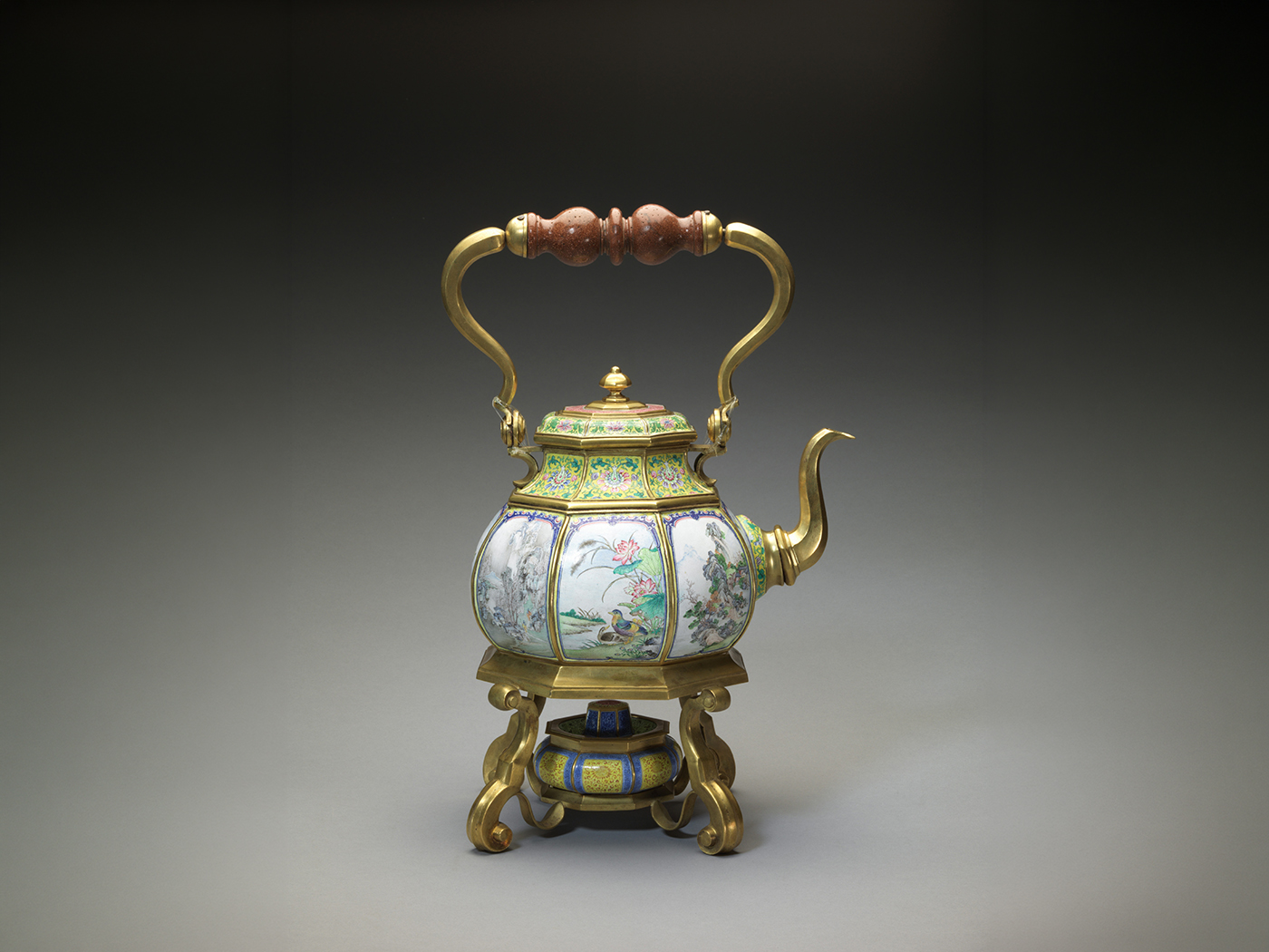 Painted enamel octagonal teapot with landscape, flowers, and birds in reserved panels
