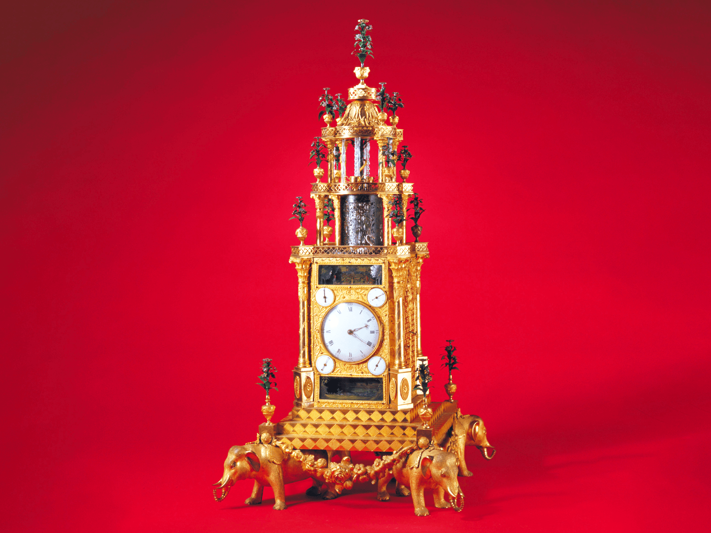Clock with elephants, bird and automata