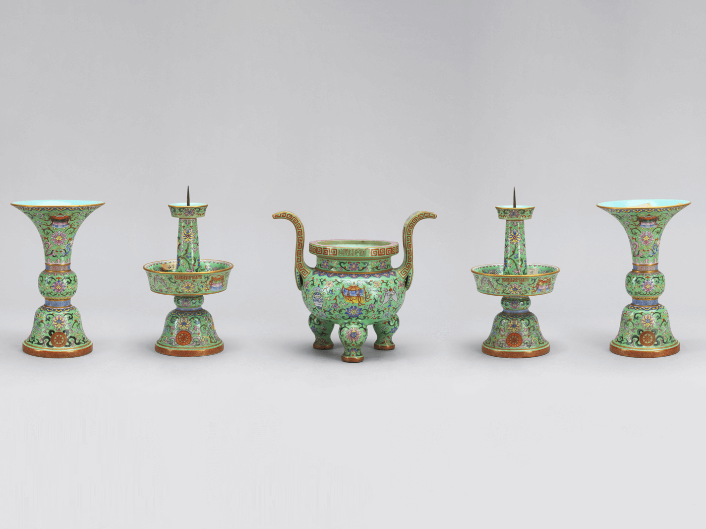 Five-piece altar set with lotuses and Buddhist treasures