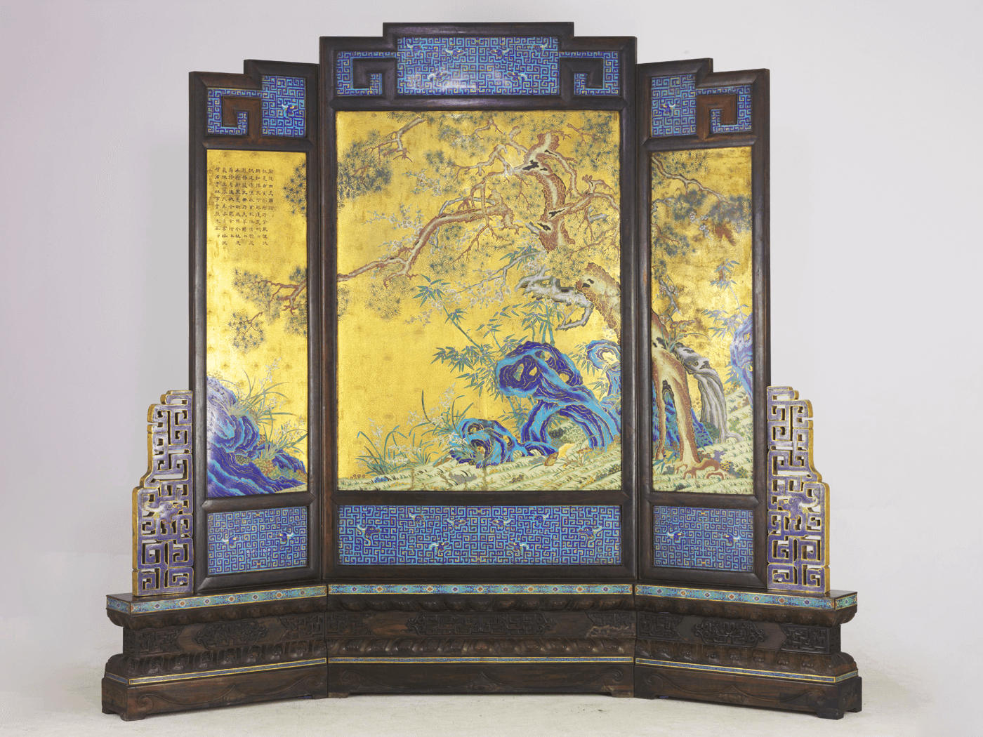 Three-panel screen with pine tree, bamboo, plum blossom and orchid